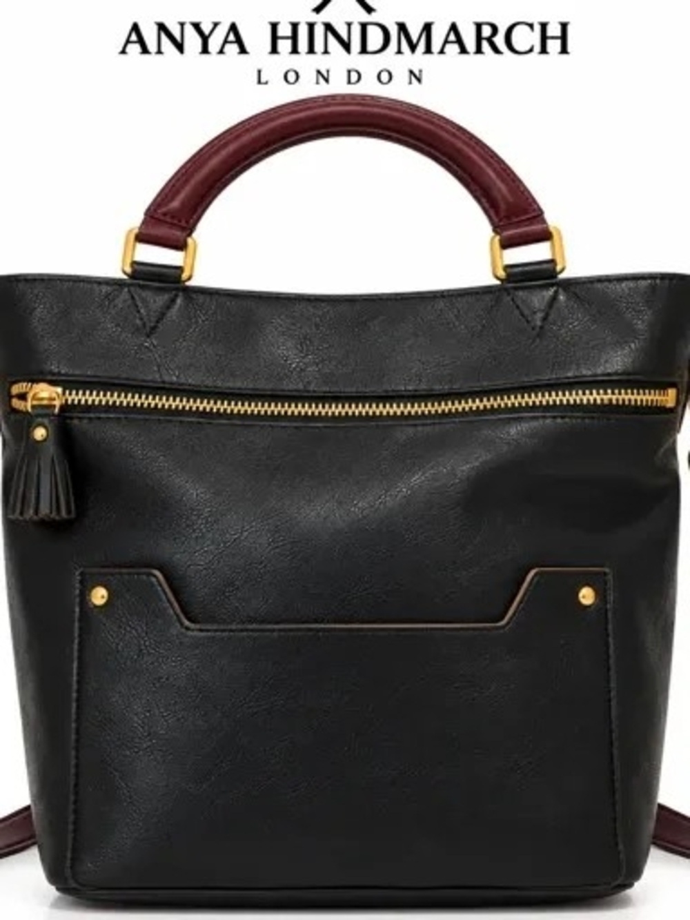 Anya Hindmarch Black Satchel with Burgundy Handles and Gold Hardware